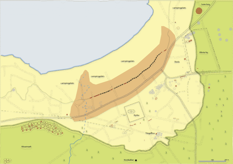 Map of existing (red) and removed ancient remains.